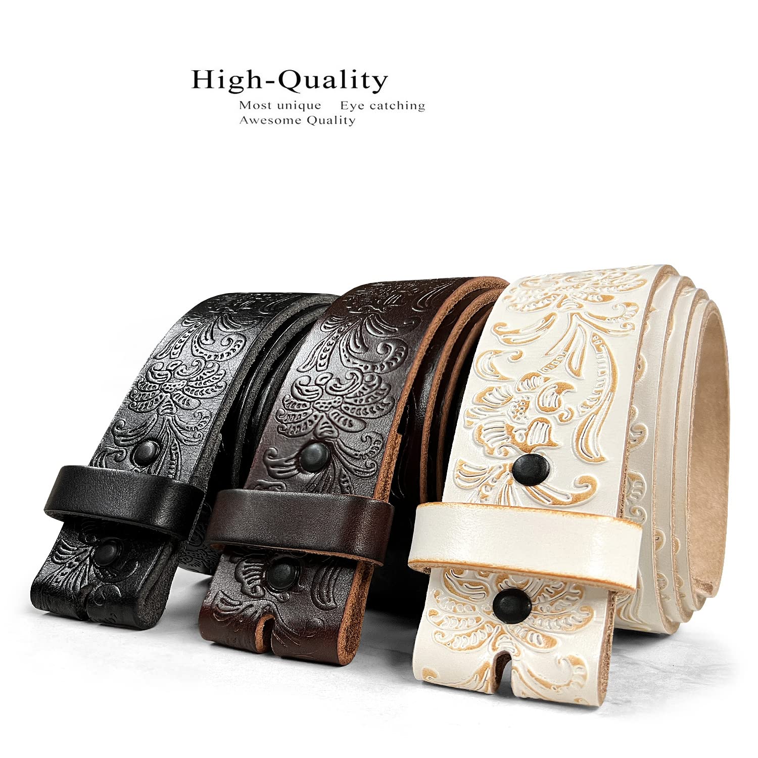 BS036 Cowboy Cowgirl Western Tooled Floral Embossed Full Grain Genuine Leather Belt Strap 1-1/2"(38mm) Wide (Black, 28)