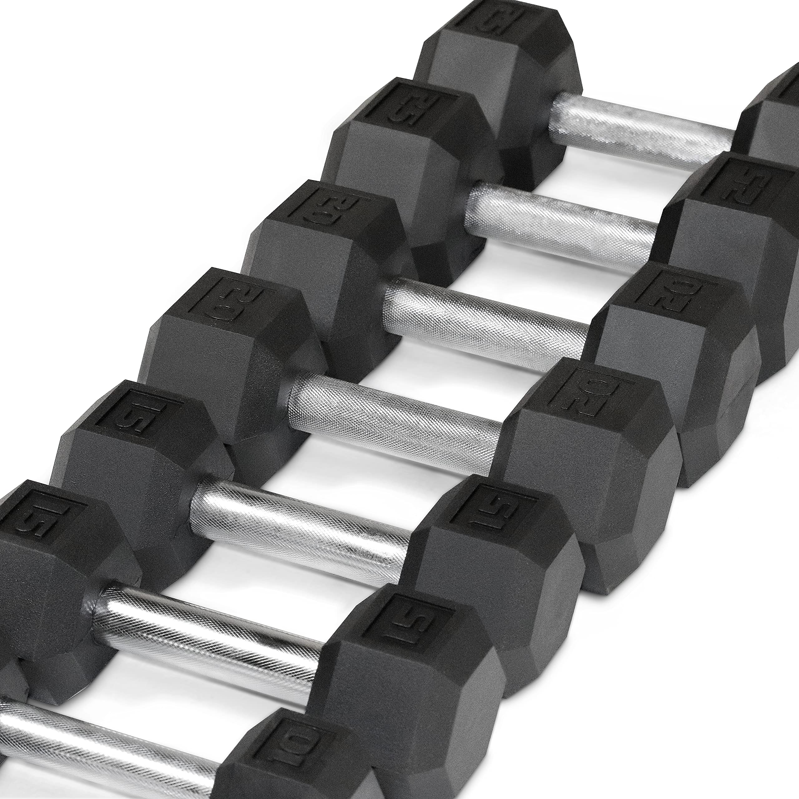 WF Athletic Supply 5-25Lb Rubber Coated Hex Dumbbell Set with Two Tier Storage Rack Non-Slip Hex Shape for Muscle Toning, Strength Building & Weight Loss, White Rack, Straight Handle