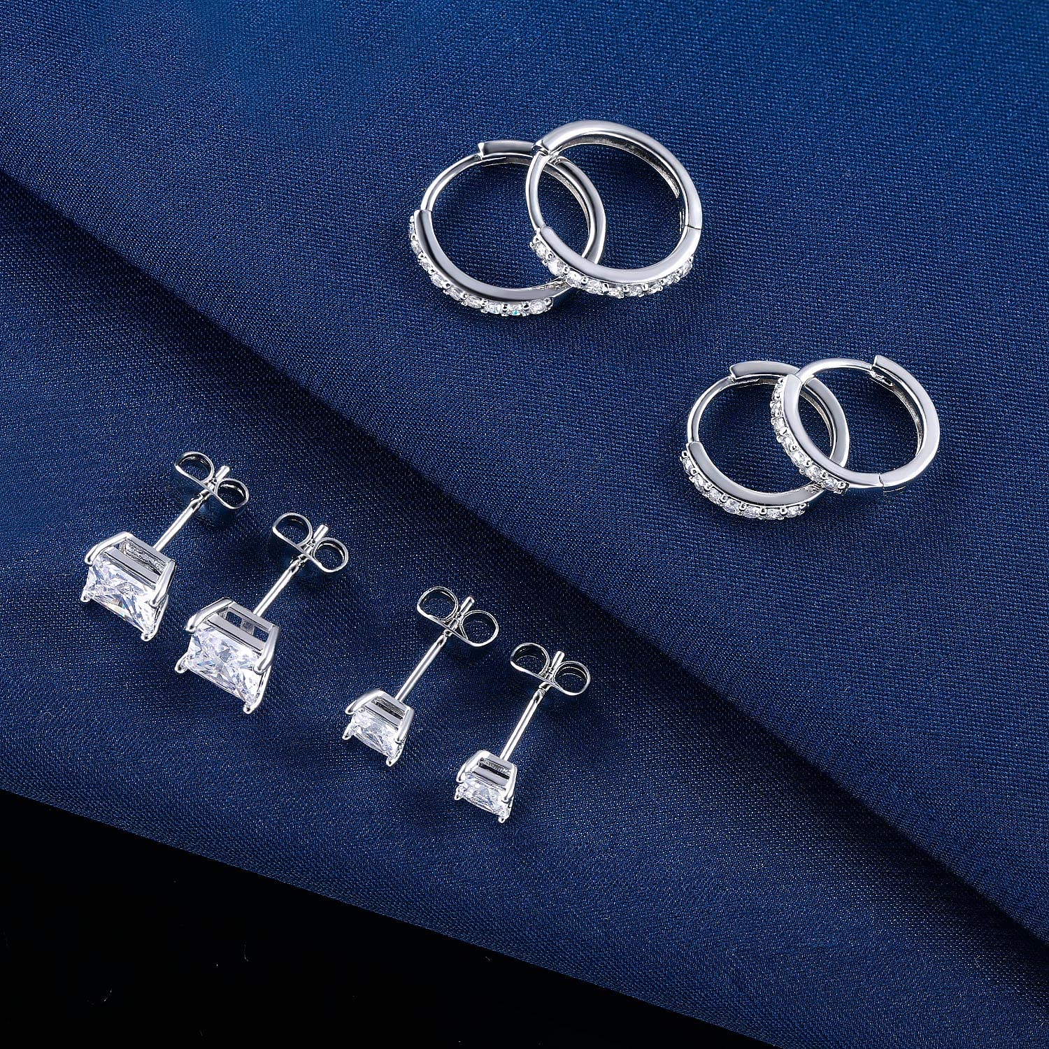 18K White Gold Plated Cubic Zirconia Tiny Huggie Hoop Earrings Pack for women men 4 Pairs