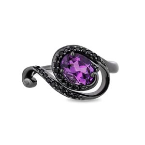 Jewelili Enchanted Disney Fine Jewelry Black Rhodium over Sterling Silver 8x6 MM Oval Shape Amethyst and 1/5 Cttw Treated Black Diamond Ursula Ring, Size 7