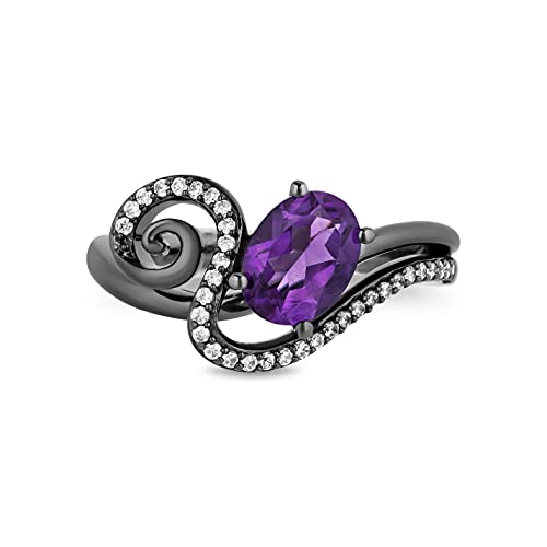 Jewelili Enchanted Disney Fine Jewelry Black Rhodium over Sterling Silver 8x6 MM Oval Shape Amethyst and 1/6 Cttw Natural White Round Diamond Ursula Ring, Size 7