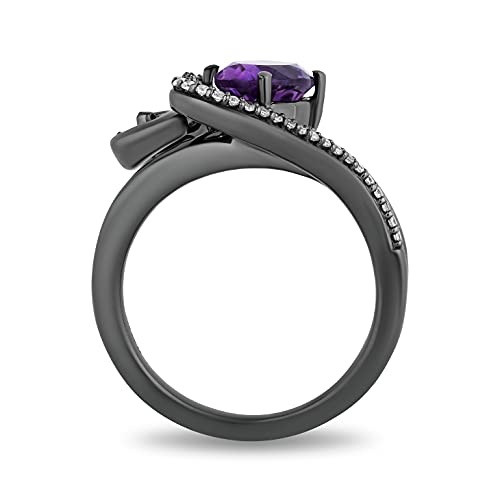 Jewelili Enchanted Disney Fine Jewelry Black Rhodium over Sterling Silver 8x6 MM Oval Shape Amethyst and 1/6 Cttw Natural White Round Diamond Ursula Ring, Size 7