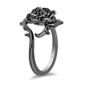 Jewelili Enchanted Disney Fine Jewelry Black Rhodium over Sterling Silver 1/4 Cttw Treated Black Round Diamond Maleficent Black Rose Ring, Size 5