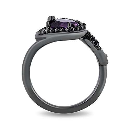 Jewelili Enchanted Disney Fine Jewelry Black Rhodium over Sterling Silver 8x6 MM Oval Shape Amethyst and 1/5 Cttw Treated Black Diamond Ursula Ring, Size 7