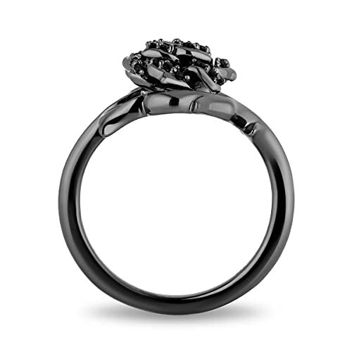 Jewelili Enchanted Disney Fine Jewelry Black Rhodium over Sterling Silver 1/4 Cttw Treated Black Round Diamond Maleficent Black Rose Ring, Size 5