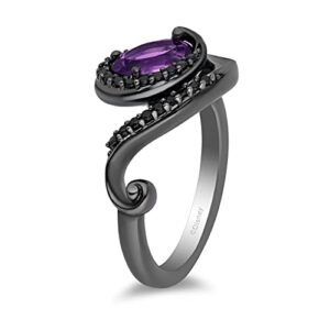 Jewelili Enchanted Disney Fine Jewelry Black Rhodium over Sterling Silver 8x6 MM Oval Shape Amethyst and 1/5 Cttw Treated Black Diamond Ursula Ring, Size 7