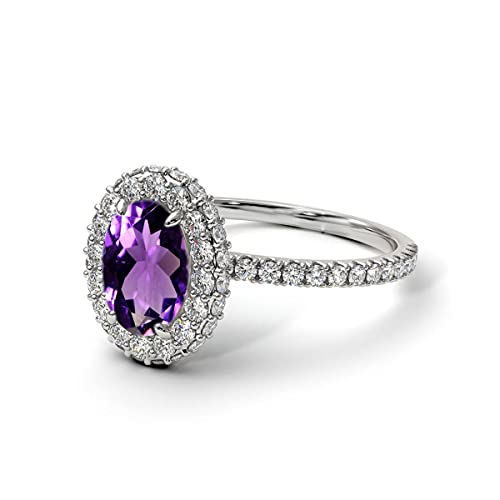 CaratYogi Natural-Amethyst 925 Sterling Silver Halo Design Ring Oval-Cut Wedding Engagement Ring Handmade Fashion Jewelry for Women Available in Size 8