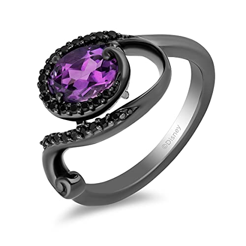 Jewelili Enchanted Disney Fine Jewelry Black Rhodium over Sterling Silver 8x6 MM Oval Shape Amethyst and 1/5 Cttw Treated Black Diamond Ursula Ring, Size 7