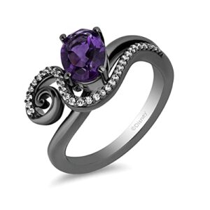 Jewelili Enchanted Disney Fine Jewelry Black Rhodium over Sterling Silver 8x6 MM Oval Shape Amethyst and 1/6 Cttw Natural White Round Diamond Ursula Ring, Size 7