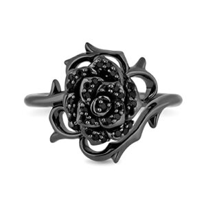 Jewelili Enchanted Disney Fine Jewelry Black Rhodium over Sterling Silver 1/4 Cttw Treated Black Round Diamond Maleficent Black Rose Ring, Size 5