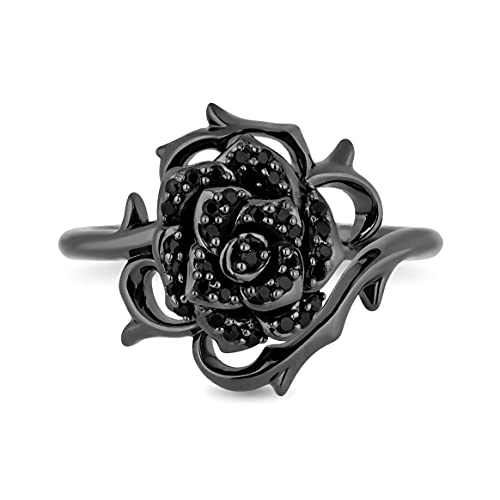 Jewelili Enchanted Disney Fine Jewelry Black Rhodium over Sterling Silver 1/4 Cttw Treated Black Round Diamond Maleficent Black Rose Ring, Size 5