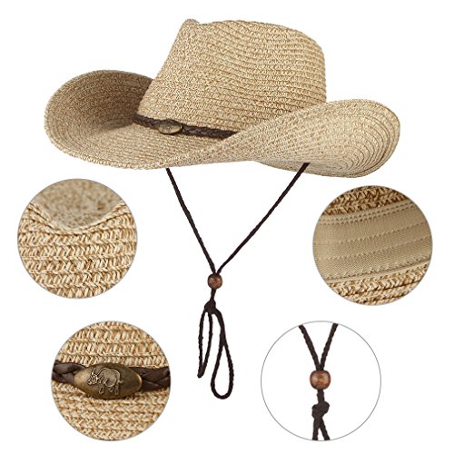 Western Cowboy Hat with String for Women Men Foldable Summer Sun Protection Straw Beach Hats with Wide Brim Beige