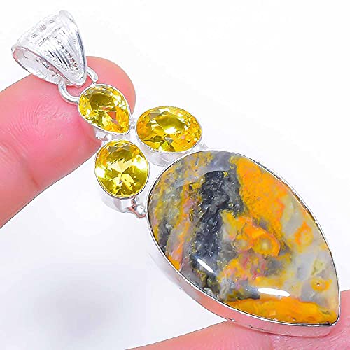 Lovers Point Bumble Bee Jasper, Citrine Gemstone 925 Sterling Silver Jewelry Pendant 2.7" AP-3357