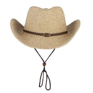 western cowboy hat with string for women men foldable summer sun protection straw beach hats with wide brim beige