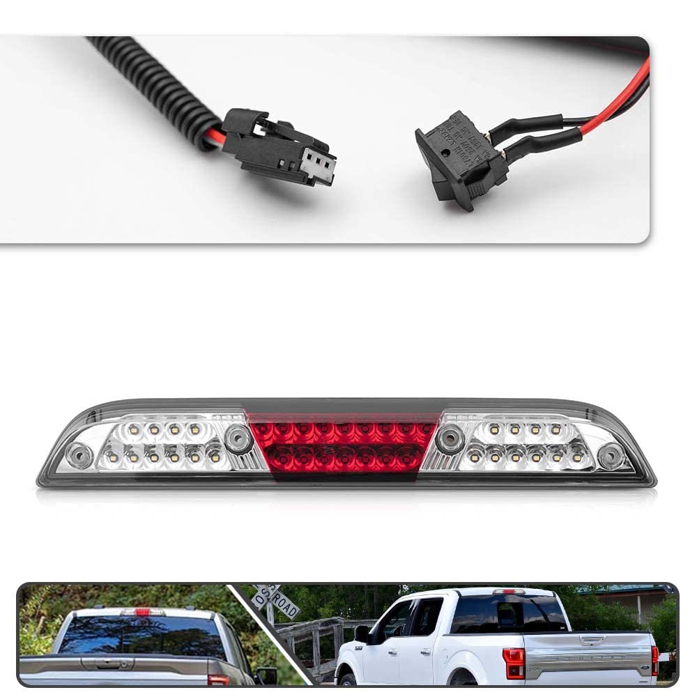 Clear Lens Red/white LED 3rd Third Brake Light for 2017-2021 Ford F-250 F-350 F-450 Super Duty with Strobe Feature Cargo/reverse lamp OEM High Mount Brake Lamp