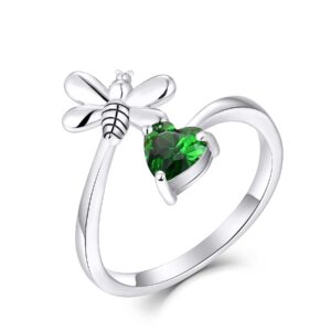 fj sterling silver women bee ring open animal ring with created emerald (adjustable ring) (size 9)