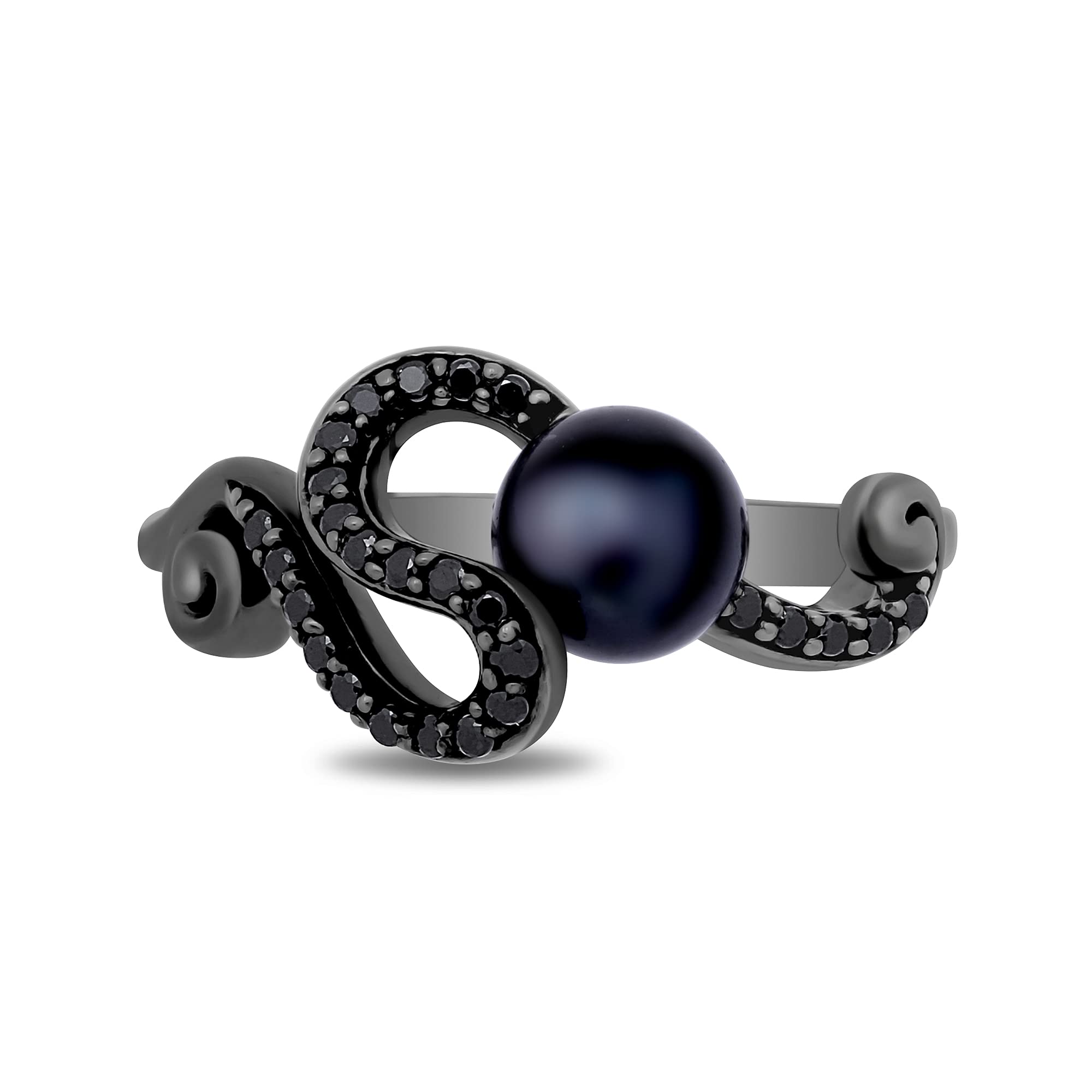 Jewelili Enchanted Disney Fine Jewelry Black Rhodium over Sterling Silver 6.5 MM Black Round Pearl and 1/5 Cttw Treated Black Round Diamond Ursula Ring, Size 8