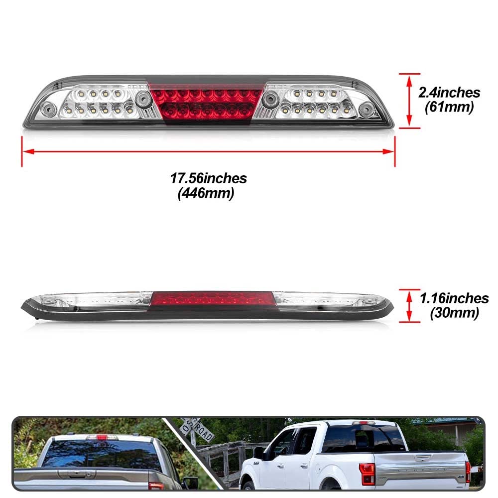 Clear Lens Red/white LED 3rd Third Brake Light for 2017-2021 Ford F-250 F-350 F-450 Super Duty with Strobe Feature Cargo/reverse lamp OEM High Mount Brake Lamp