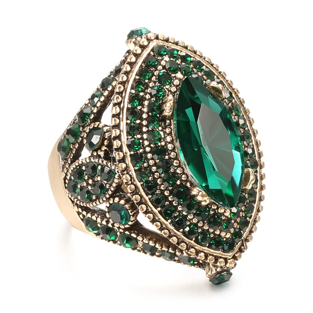 CKHAO Women Ring - Big Size Antique Gold Plated Turkish Style Green Gemstone Vintage Girls Ring Women Jewelry 0769GREEN (7)