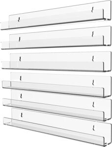 cq acrylic invisible clear floating bookshelf - 15" hanging wall mounted display shelf for kids room, modern u shaped ledge for books,picture,toys, vinyl records wall display shelf,pack of 6