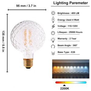 Vintage LED Edison Bulb G30 G95 4W Dimmable LED Filament Bulb Globe Pineapple Shaped Light Bulb 2300K Warm White E26 400LM Equivalent 40W Incandescent (Clear)