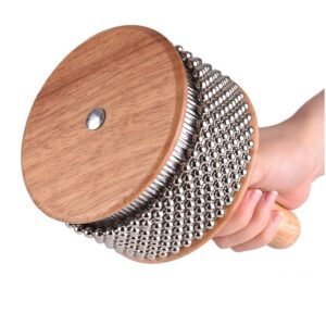 Froiny 1pc Wooden Cabasa Percussion Metal Beaded Chain & Cylinder Pop Hand Shaker Percussion Instrument