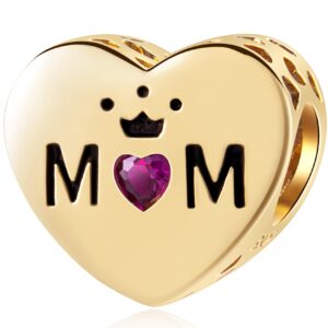 18K Gold Plated Mom Queen Charms, fits Pandora First Mothers Day Bracelet, 925 Sterling Silver I Love You Mum with Heart CZ Beads, Gift for Christmas/Grandmother/Grandma