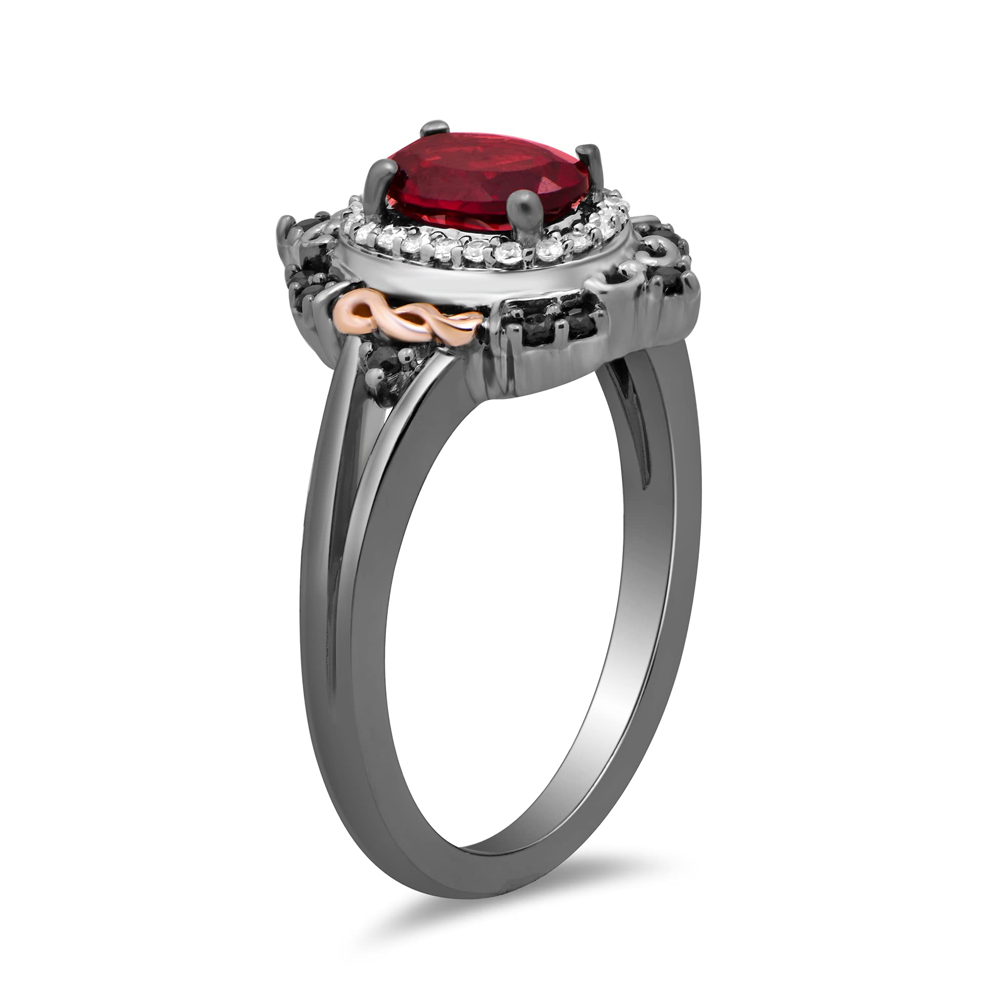 Jewelili Enchanted Disney Fine Jewelry Black Rhodium over Sterling Silver and 10K Rose Gold 1/5 CTTW Black and White Diamond with Red Garnet Evil Queen Ring