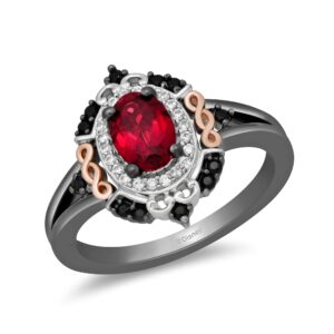 jewelili enchanted disney fine jewelry black rhodium over sterling silver and 10k rose gold 1/5 cttw black and white diamond with red garnet evil queen ring