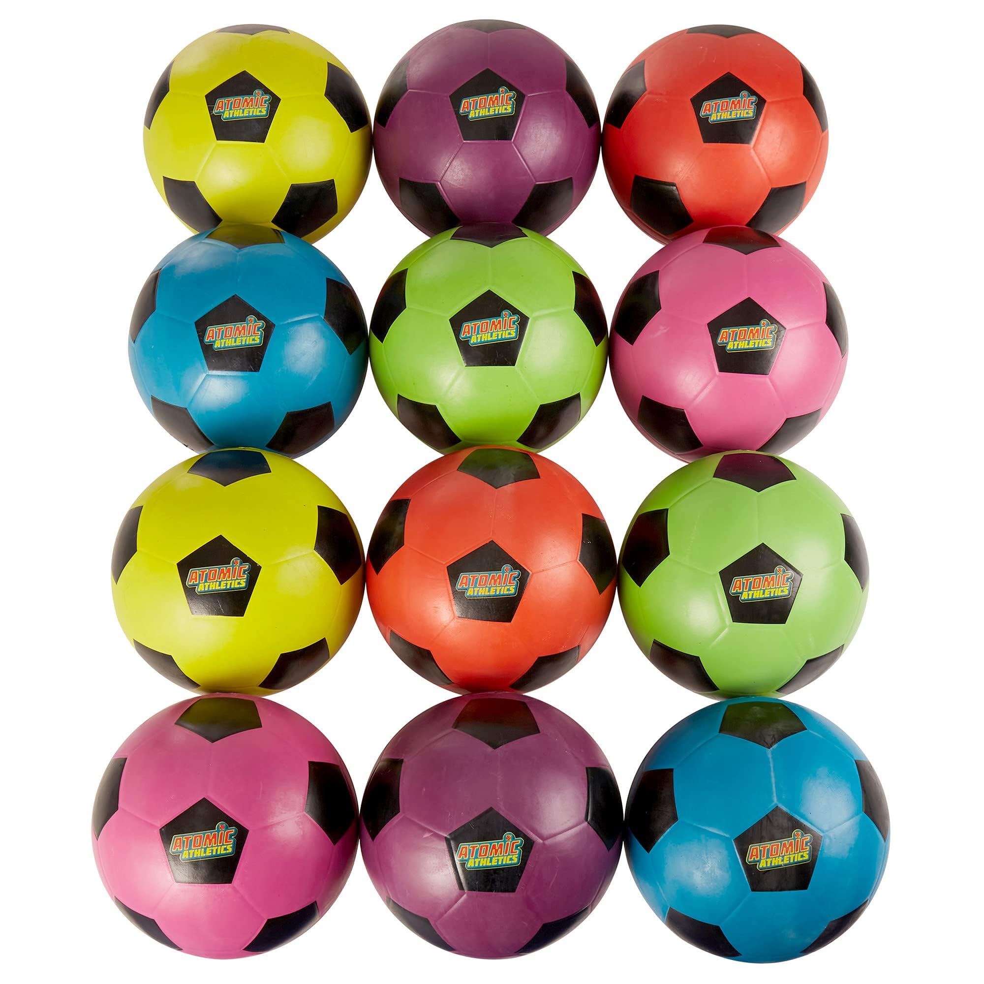 K-Roo Sports Atomic Athletics Neon Rubber Playground Balls - 12 Pack of Youth Size, includes Pump & Storage Bag - Soccer Ball