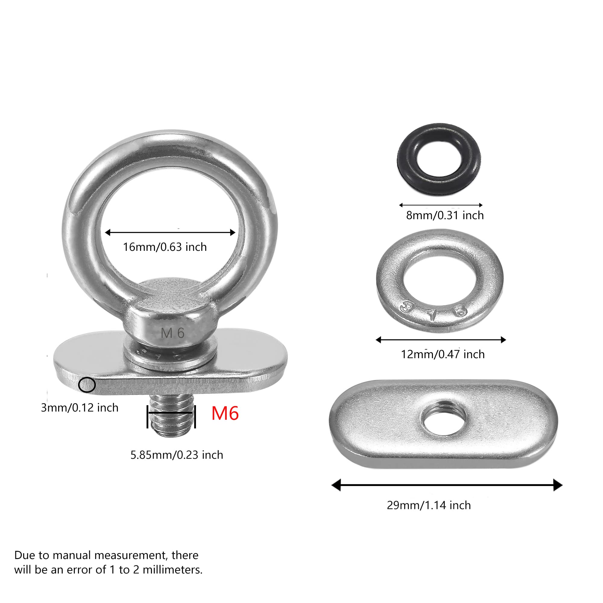 4 Packs Track Mount Tie Down Eyelets, M6 Bolt, Stainless Steel, Hold Your Bungee Cord or Ropes Rowing Inflatable, Kayak Track Accessories(No Track Included)