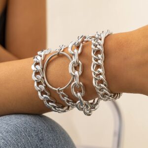 Asphire Punk Cuban Link Chain Bracelets Set 4pcs Stacking Chunky Diamond-Cut Chain Bangle Boho Wristband for Women and Girls (Silver)