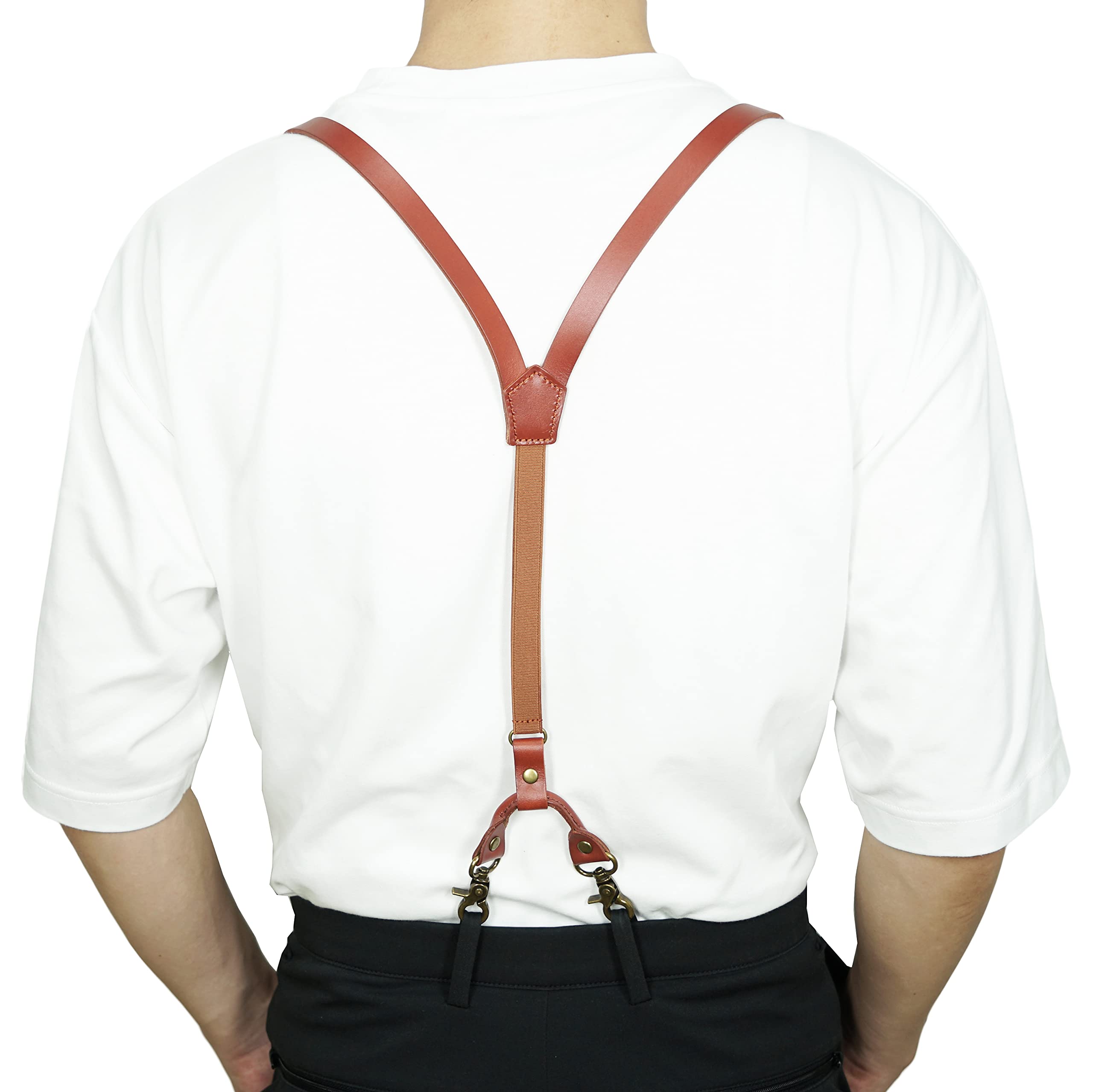 Lawevan Thin Leather suspender Y Shape Design Adjustable Suspender with 4 Snap Hooks Groomsmen Gift Wedding Suspender