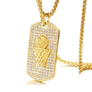 PEAS 18K Gold Plated Jewelry Basketball Hoop Dog Tag Pendant Iced Out Crystal Necklace,22" Box Chain