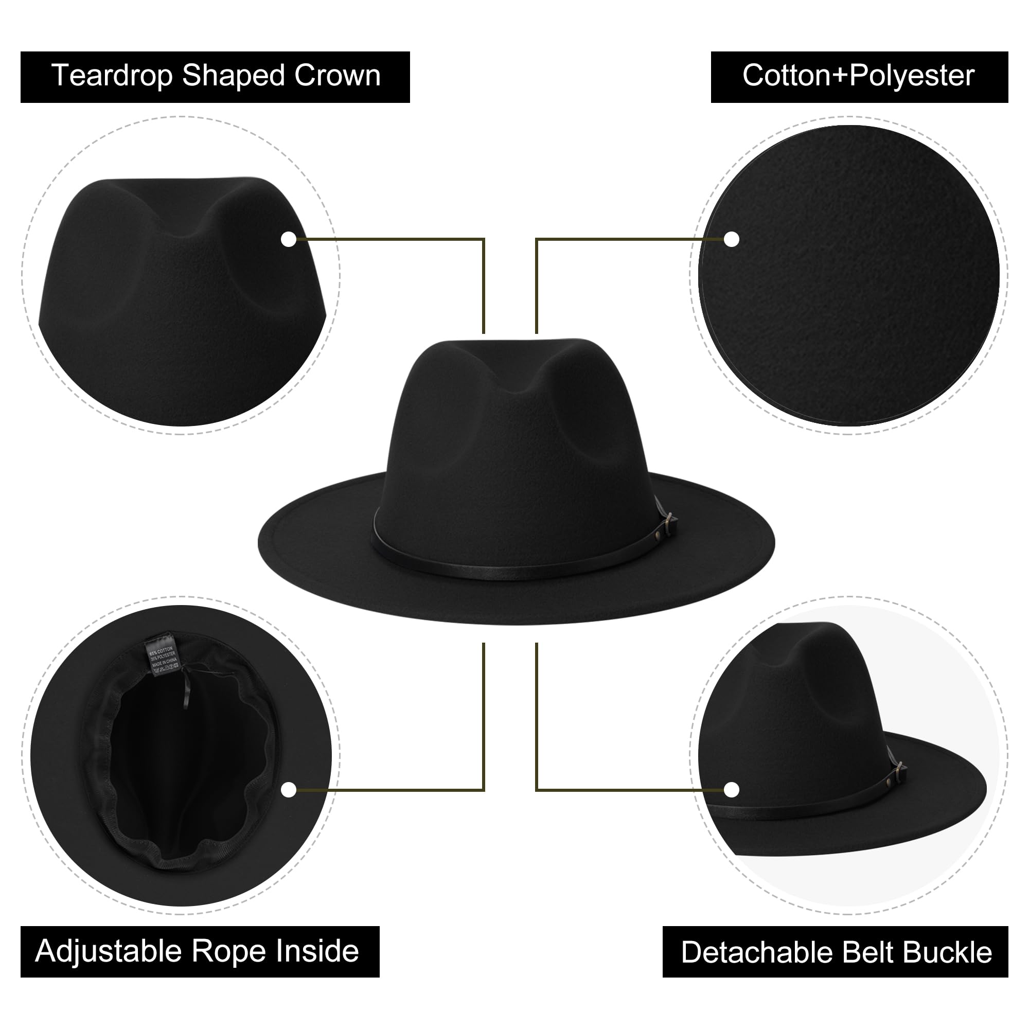 Wide Brim Fedora Hats for Women and Men Classic Felt Panama Hat Men's Two Tone Dress Hat with Belt Buckle Black