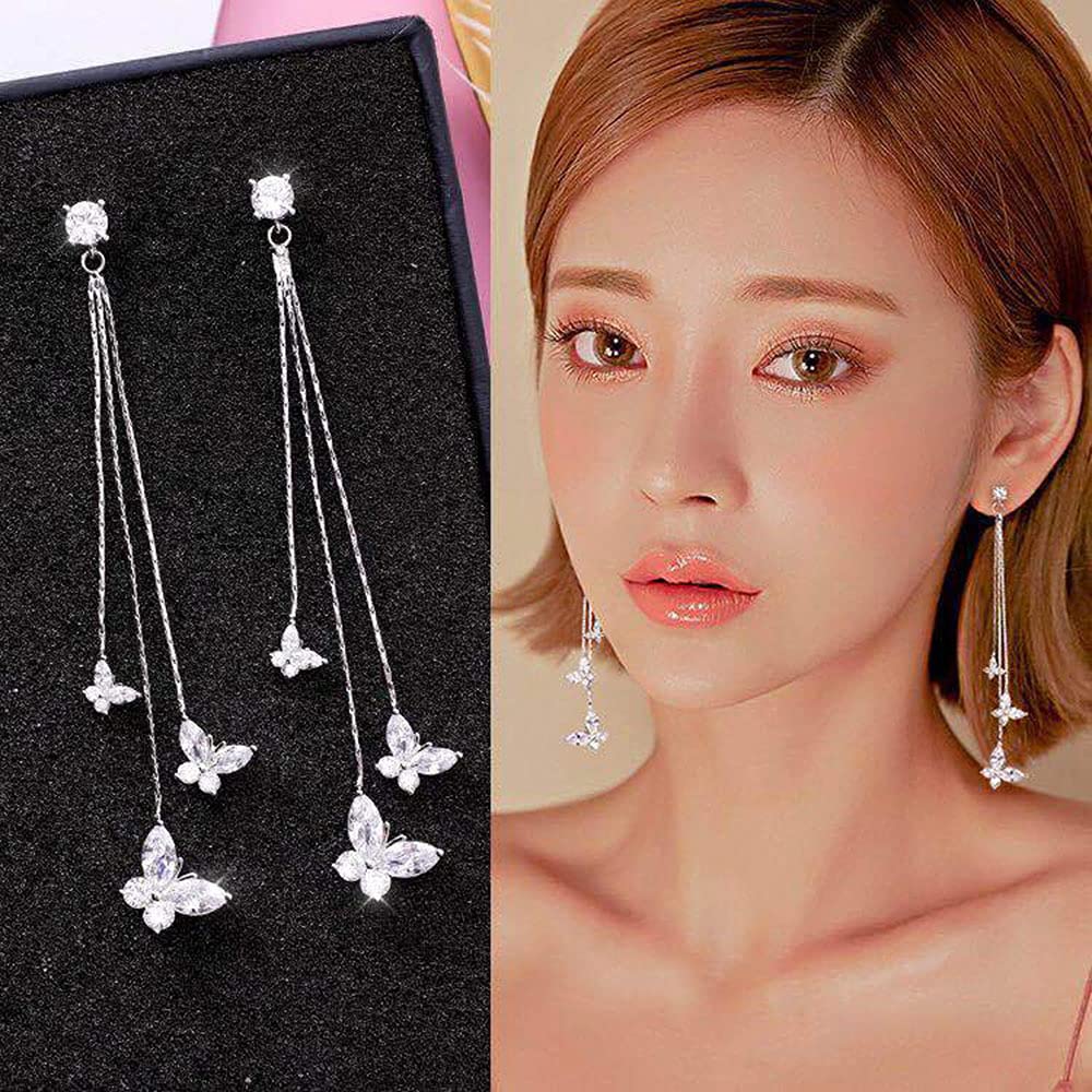 Crystal Butterfly Pendant Tassel Earrings Long Zircon Butterfly Drop Dangle Earrings Jewelry for Women Butterfly Earring (Silvr)