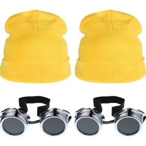 Geyoga Vintage Steampunk Goggles Halloween Cosplay Punk Sunglasses Yellow Beanie (2 Sets)