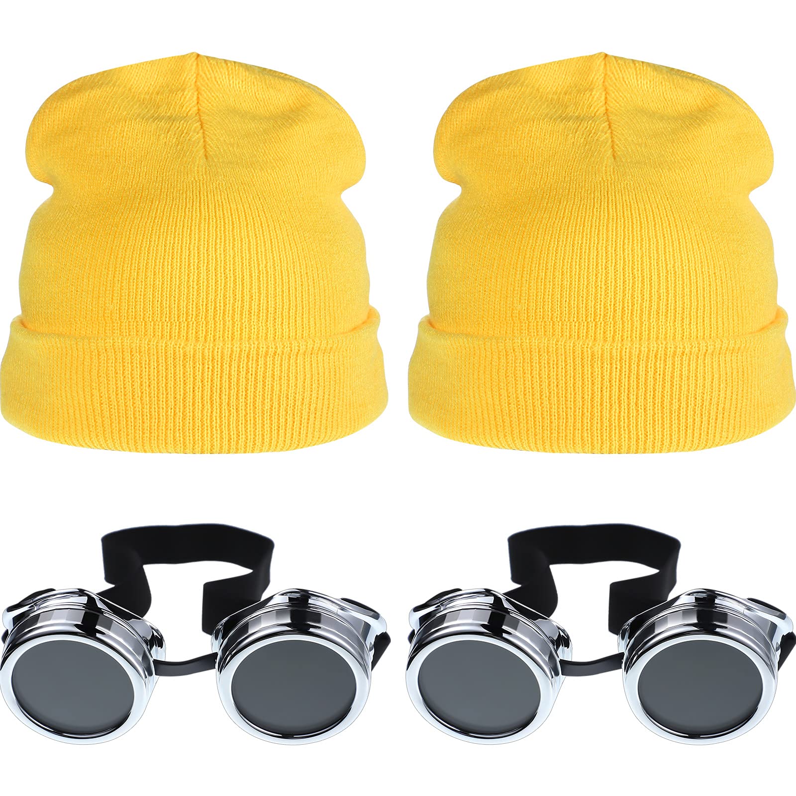 Geyoga Vintage Steampunk Goggles Halloween Cosplay Punk Sunglasses Yellow Beanie (2 Sets)