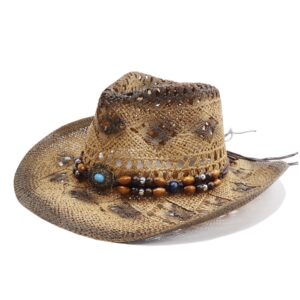 jiaoji men & women's woven straw cowboy cowgirl straw hat cowboy hats for women cowboy hat shapeable brim, beach cowgirl (tea coffee/beads)