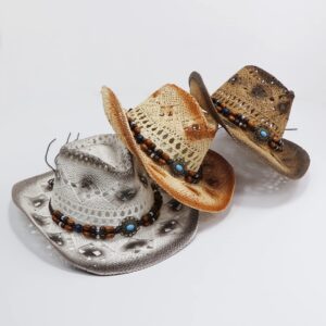 jiaoji Men & Women's Woven Straw Cowboy Cowgirl Straw Hat Cowboy Hats for Women Cowboy Hat Shapeable Brim, Beach Cowgirl (Tea Coffee/Beads)