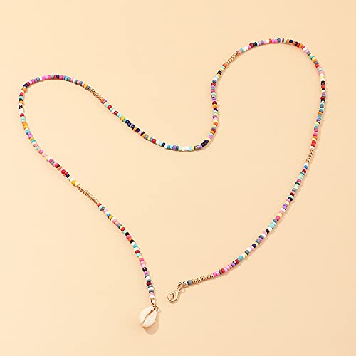 Boho Rainbow Beaded Necklace Layered Neck Chain Multi Color Bead Choker Necklaces Shell Star Butterfly Collar Jewelry Colorful Flower Chain Beach Travel Hawaiian Costume Jewelry-Shell