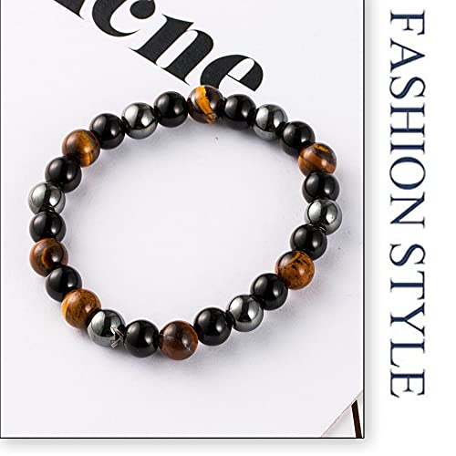 COLORFUL BLING 2/4 Pcs Triple Protection Bracelet Natural Bring Luck and Prosperity Obsidian Bracelet Black Obsidian - Hematite - Tiger Eye - Stone Bracelets - 4 Pcs