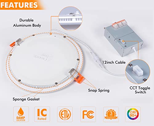 Cloudy Bay 20W 8 inch LED Recessed Lights,5Color 2700K/3000K/3500K/4000K/5000K Selectable,Dimmable CRI 90+,IC Rated,ETL Listed,Ultra Thin Recessed Downlight with Junction Box,White,6 Pack