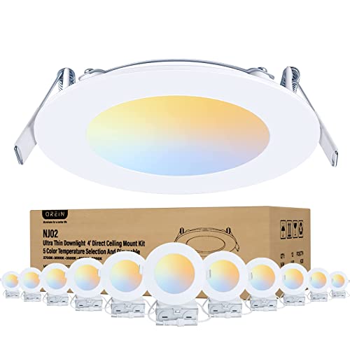 OREiN 12 Pack 4 Inch Recessed Lighting LED 10W=75W Eqv, CRI>90, 5CCT Dimmable Canless Downlight with Aluminum Junction Box, Waterproof LED Recessed Light for Indoor Bathroom Kitchen Bedroom