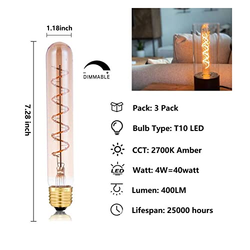 Dimmable 4W Tube LED Eison Bulb, T10 Vintage Long LED Bulb 40 Watt Equivalent Warm White 2700K, E26 Medium Base Amber Colored 7.3 Inch Long tubular edison bulb, 3 Pack