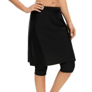 MAXE Women Swim Skirt with Legging Sun Protective UPF 50+ Swimming Tight Attached Skort Capris Black, Small