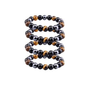 COLORFUL BLING 2/4 Pcs Triple Protection Bracelet Natural Bring Luck and Prosperity Obsidian Bracelet Black Obsidian - Hematite - Tiger Eye - Stone Bracelets - 4 Pcs