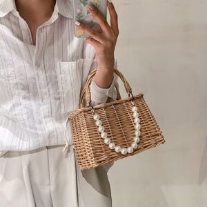 BMTLFG Rattan Woven Tote Bags Natural Chic Summer Beach Tote Pearl Basket Handbag Ladies Beach Women's Classic Woven Handbag