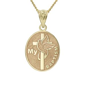 Personalized Name 14k Yellow Gold My Baptism Dove Cross Engravable Oval Pendant Necklace, 16"