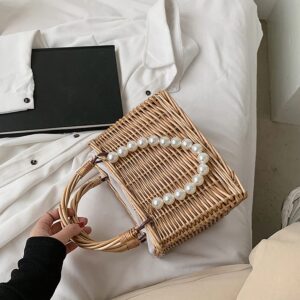 BMTLFG Rattan Woven Tote Bags Natural Chic Summer Beach Tote Pearl Basket Handbag Ladies Beach Women's Classic Woven Handbag